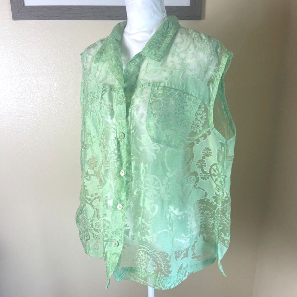 Vintage Sheer Burnout Button Up Top 2X Lime Green Fairycore Boho Batik Blouse